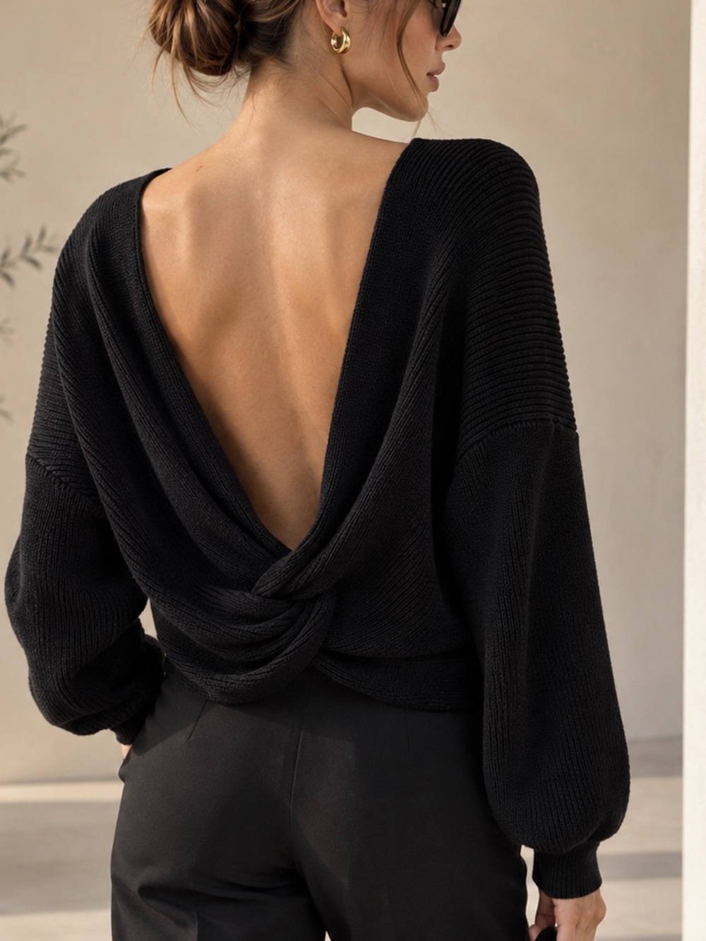 Oak + Fort Black Open Back Twist Knit Sweater Medium